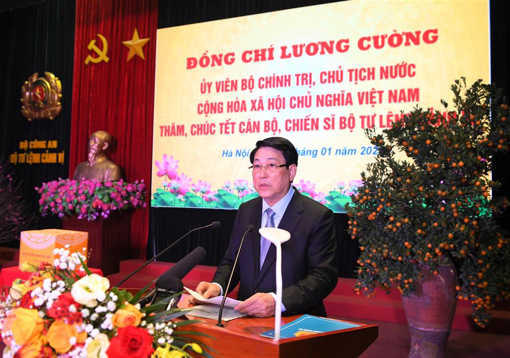 Chủ tịch nước Lương Cường phát biểu tại buổi thăm, chúc Tết CBCS Bộ Tư lệnh Cảnh vệ.