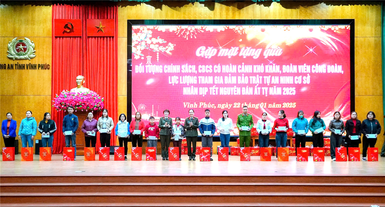 Đại diện Ban Giám đốc Công an tỉnh, Công đoàn Công an nhân dân, nhà hảo tâm trao quà tặng các đối tượng chính sách, CBCS và đoàn viên công đoàn có hoàn cảnh khó khăn nhân dịp Tết Nguyên đán Ất Tỵ 2025. 
