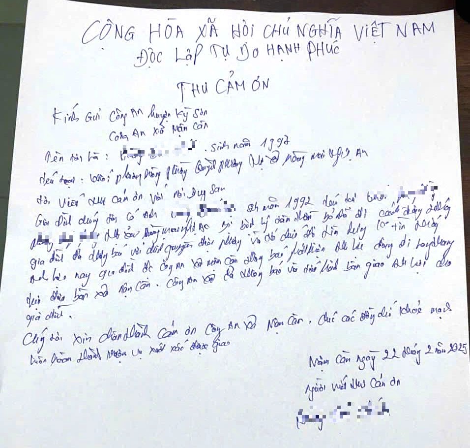 Thư cảm ơn của gia đình anh H.Đ.L gửi Công an xã Nậm Càn.