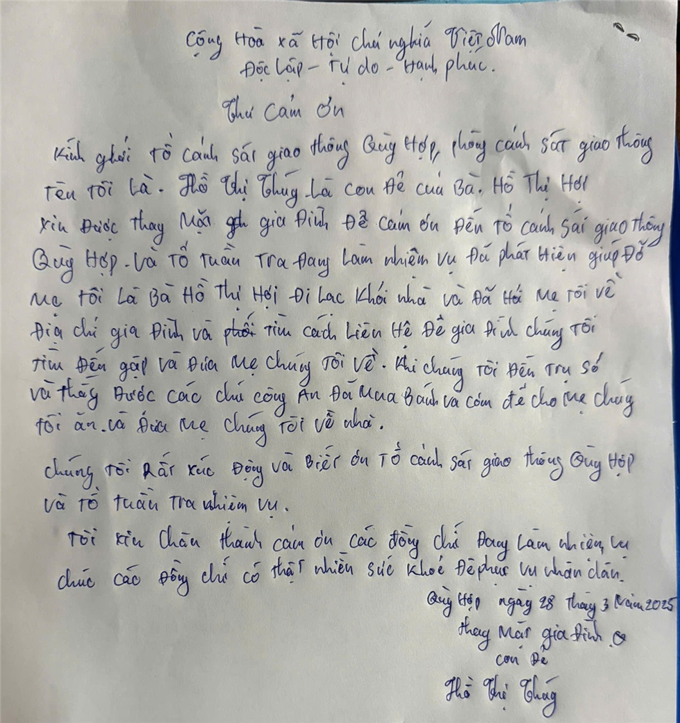 Thư cảm ơn chị Hồ Thị Thúy gửi đến Tổ CSGT Quỳ Hợp.