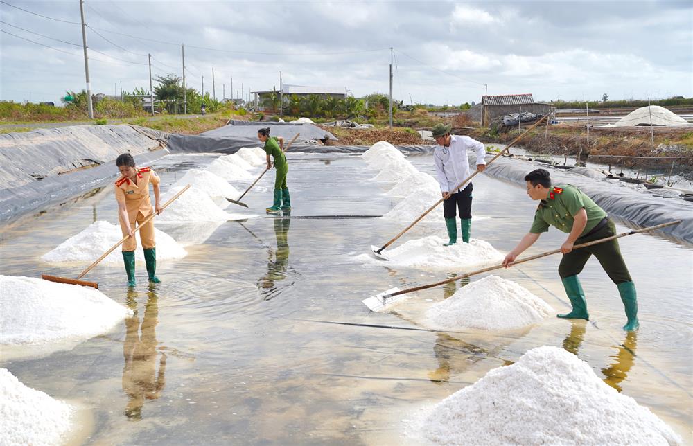 Lực lượng Công an tích cực hỗ trợ diêm dân thu hoạch muối.