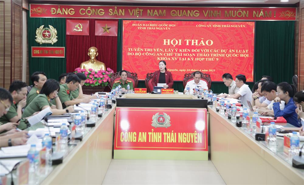 Đồng chí Đoàn Thị Hảo, Phó trưởng Đoàn chuyên trách phụ trách Đoàn đại biểu Quốc hội tỉnh Thái Nguyên phát biểu tại Hội thảo.