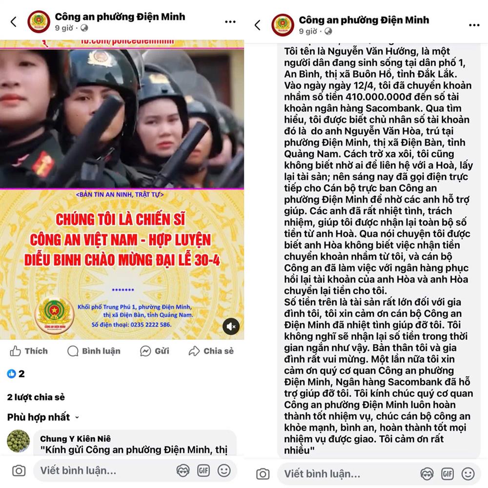 Người dân bày tỏ lời cảm ơn trên facebook “Công an phường Điện Minh”.