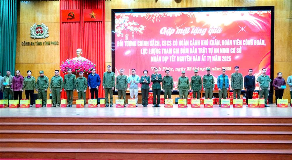 Đại diện Ban Giám đốc Công an tỉnh, Công đoàn Công an nhân dân, nhà hảo tâm trao các phần quà tặng các đối tượng chính sách, CBCS và đoàn viên công đoàn có hoàn cảnh khó khăn nhân dịp Tết Nguyên đán Ất Tỵ 2025.