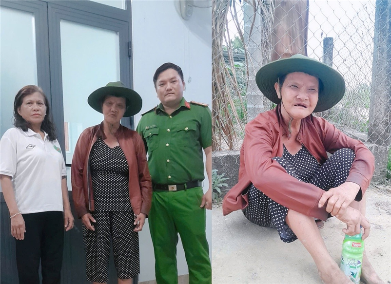 Chị N.T.C. khi được phát hiện (bên phải) và được gia đình đón về.