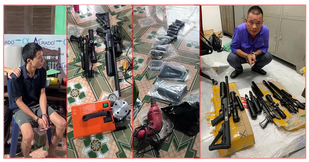 Đối tượng Đỗ Văn Thức (bên trái) và Phạm Ngọc Quỳnh (bên phải) cùng tang vật bị thu giữ.