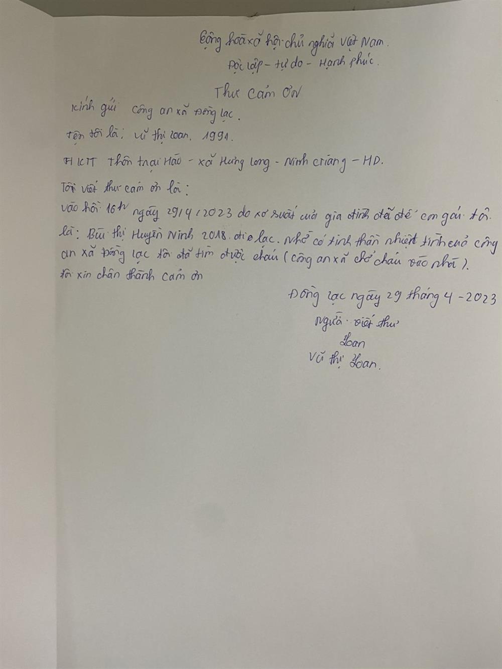 Thư cảm ơn của chị Vũ Thị Loan.