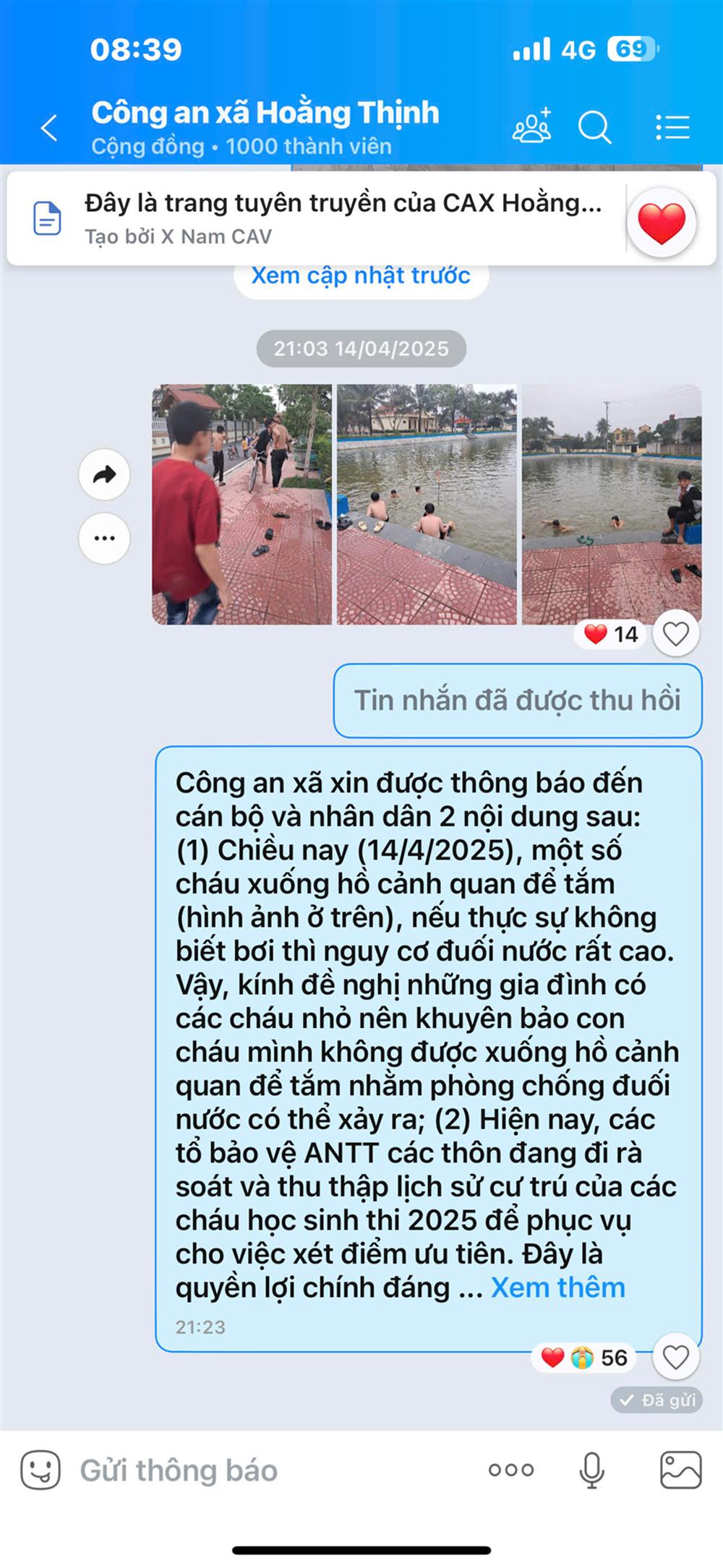Công an xã Hoằng Thịnh tuyên truyền, cảnh báo đuối nước trên các nhóm Zalo.