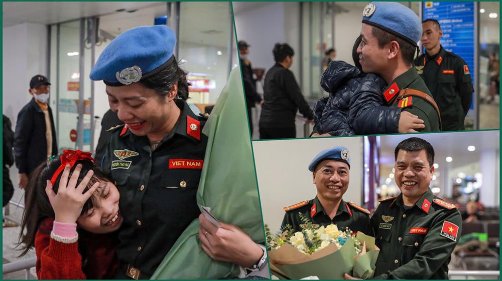 Ba sĩ quan gìn giữ hòa bình Công an nhân dân Việt Nam trong vòng tay người thân và đồng đội ngày trở về. Những cái ôm, cử chỉ thân mật sau hơn 1 năm trời xa cách. Họ là hậu phương vững chắc để những chiến sĩ mũ nồi xanh an tâm công tác nơi đất người. Nói về nhiệm vụ đặc biệt của mình, Trung tá Nguyễn Thu Hà tâm sự: "Tôi rất xúc động khi vừa xuống sân bay đã nhìn thấy những gương mặt thân quen của gia đình, đồng nghiệp và các đồng chí lãnh đạo, đồng nghiệp thuộc Văn phòng thường trực Bộ Công an về gìn giữ hòa bình LHQ. Tôi cảm thấy vinh dự và tự hào khi được đã hoàn thành nhiệm vụ trở về, góp phần nhỏ bé vào việc giữ gìn hòa bình cho mảnh đất Nam Sudan. Đó cũng là cơ hội để chúng tôi tự rèn luyện bản lĩnh, phát huy được năng lực, sở trường trong môi trường đa quốc gia, đa văn hóa".