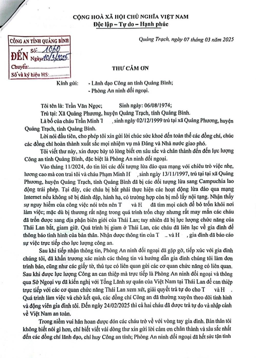 Thư cảm ơn của ông Trần Văn Ngọc gửi Công an tỉnh Quảng Bình.