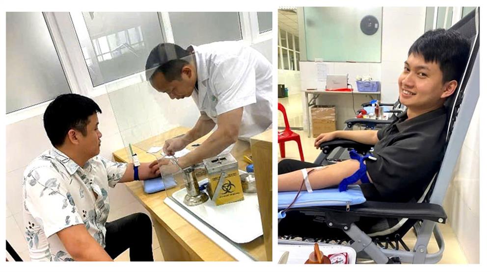 Thượng uý Lê Trọng Quyền (bên trái) và Trung uý Nguyễn Trung Đức hiến máu tại Khoa Huyết học, Bệnh viện Đa khoa tỉnh Thanh Hóa. 