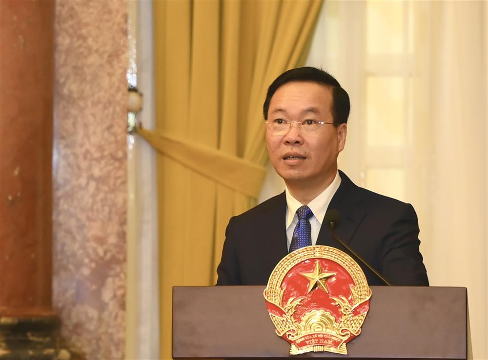 Chủ tịch nước Võ Văn Thưởng phát biểu giao nhiệm vụ đối với Thượng tướng Nguyễn Duy Ngọc tại buổi Lễ.