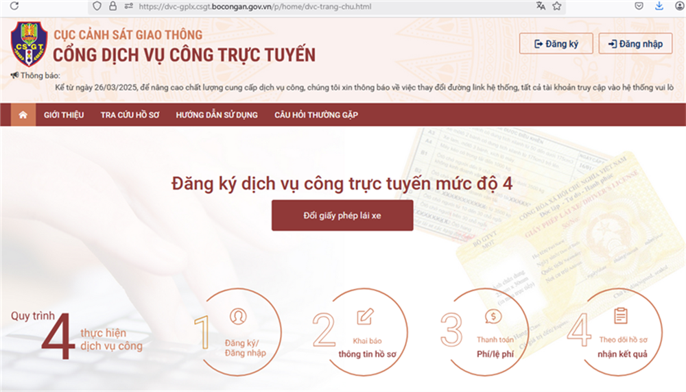 Giao diện trang thông tin mới cung cấp dịch vụ công trực tuyến về cấp, đổi giấy phép lái xe tại địa chỉ: https://dvc-gplx.csgt.bocongan.gov.vn.